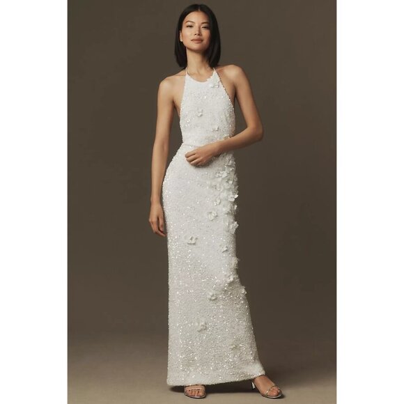 HELSI Helsi Brice Halter Sequin Column Maxi Dress in White Size Medium - Picture 13 of 16